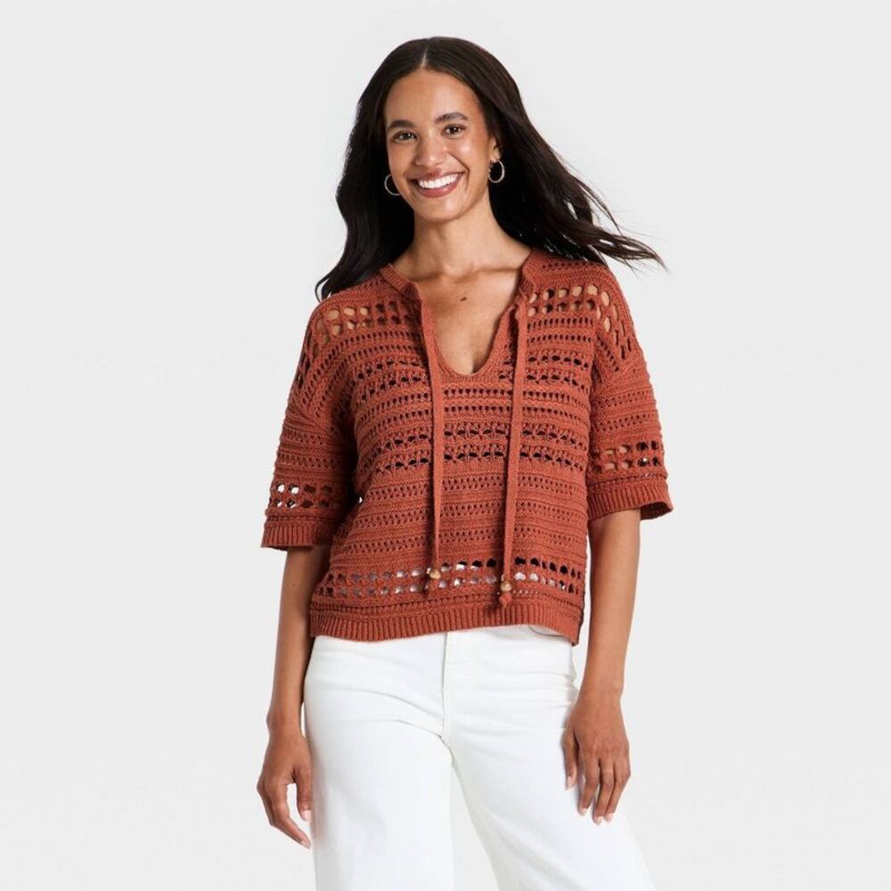 Universal Thread Rust Crochet V-Neck Sweater